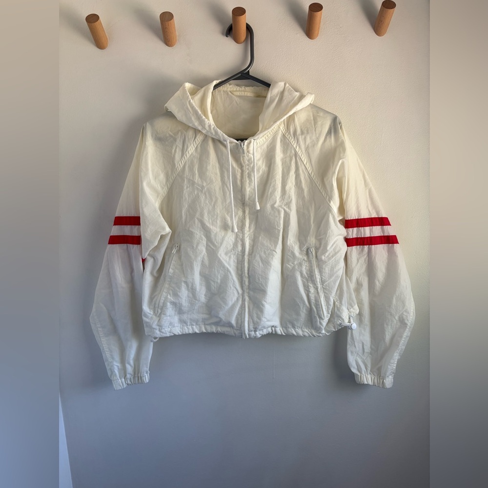 Brandy Melville White Hooded Jacket with Red Stripes